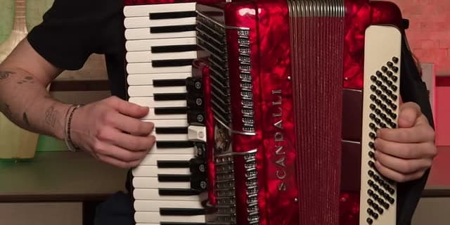 Akordiyon çalan iki el, klavye ve bas tarafı birlikte
